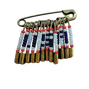 Beaded USA Safety Pin Brooch Red White Blue Glass Beads Gold-Tone Pins 4th July